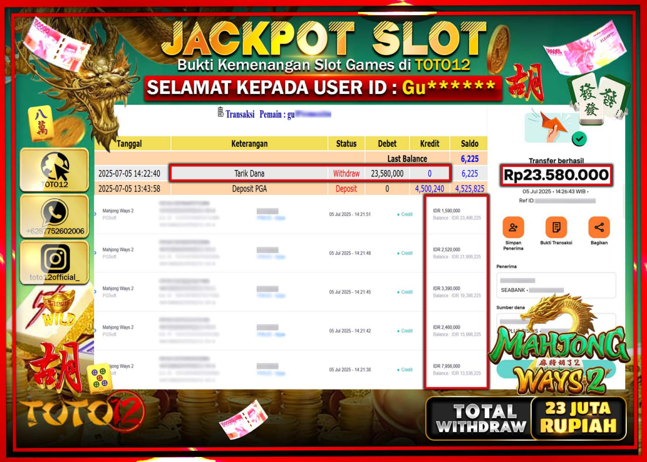 HANYA DI TOTO12 JP PASTI DI BAYAR LUNAS DAN CEPAT!!!!!! JACKPOT SLOT GAME (MAHJONG WAYS 2) Rp.23.000.000 !!!!