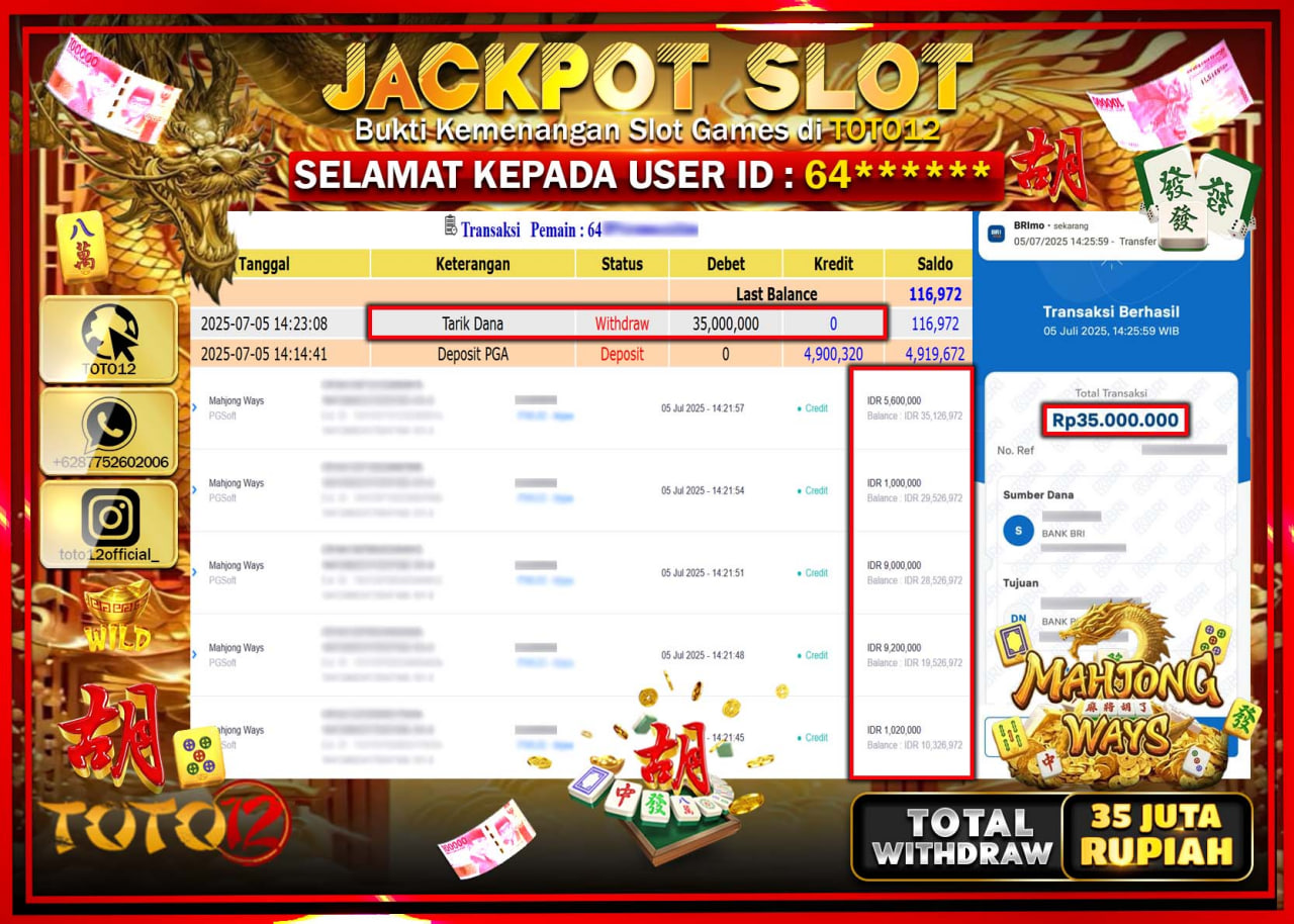 HANYA DI TOTO12 JP PASTI DI BAYAR LUNAS DAN CEPAT!!!!!! JACKPOT SLOT GAME (MAHJONG WAYS) Rp.35.000.000 !!!!