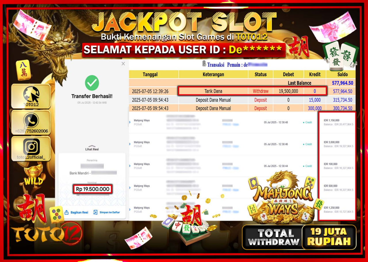 HANYA DI TOTO12 JP PASTI DI BAYAR LUNAS DAN CEPAT!!!!!! JACKPOT SLOT GAME (MAHJONG WAYS) Rp.19.000.000 !!!!