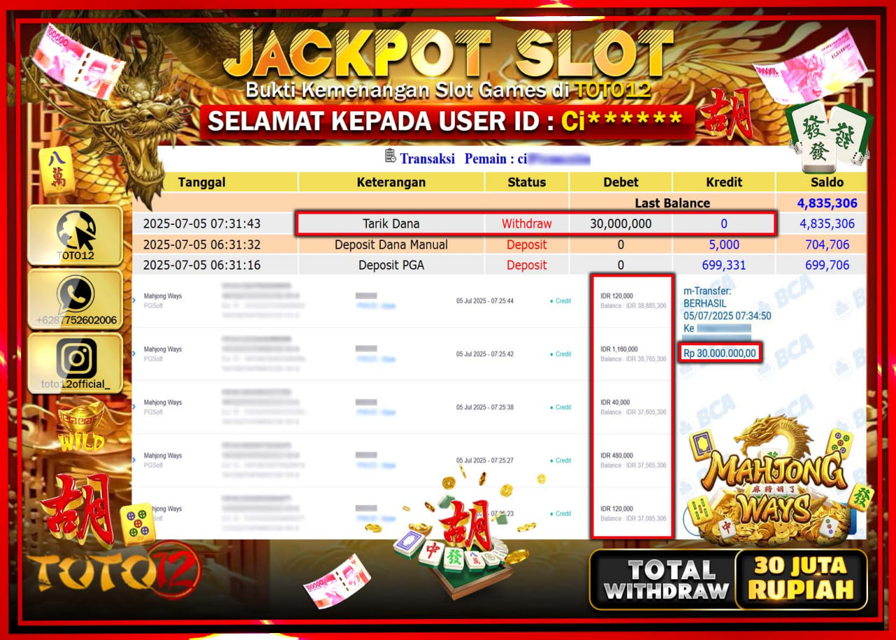 HANYA DI TOTO12 JP PASTI DI BAYAR LUNAS DAN CEPAT!!!!!! JACKPOT SLOT GAME (MAHJONG WAYS) Rp.30.000.000 !!!!