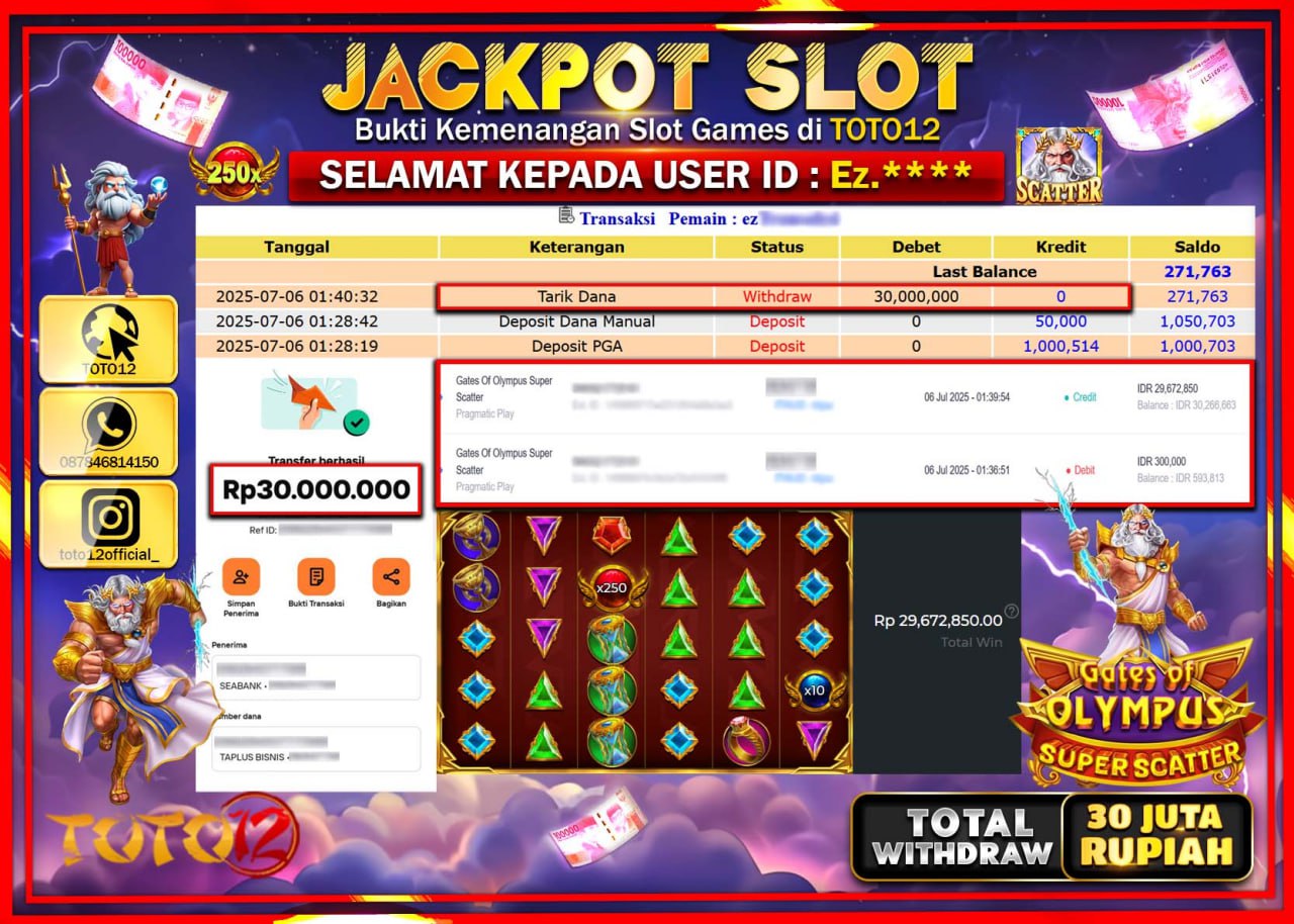 HANYA DI TOTO12 JP PASTI DI BAYAR LUNAS DAN CEPAT!!!!!! JACKPOT SLOT GAME (GATES OF OLYMPUS SUPER SCATTER) Rp.30.000.000 !!!!