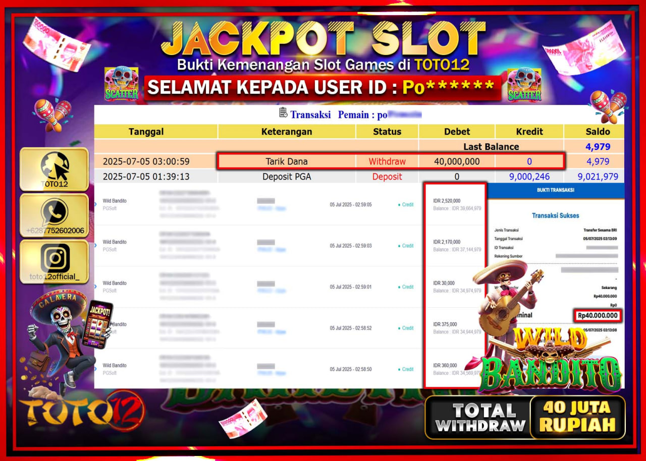 HANYA DI TOTO12 JP PASTI DI BAYAR LUNAS DAN CEPAT!!!!!! JACKPOT SLOT GAME (WILD BANDITO) Rp.40.000.000 !!!!