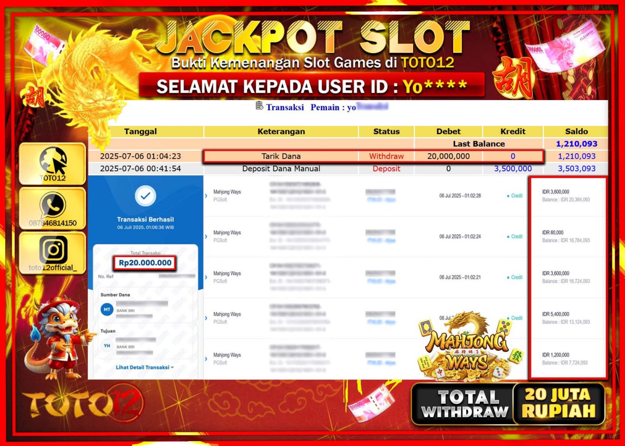 HANYA DI TOTO12 JP PASTI DI BAYAR LUNAS DAN CEPAT!!!!!! JACKPOT SLOT GAME (MAHJONG WAYS) Rp.20.000.000 !!!!