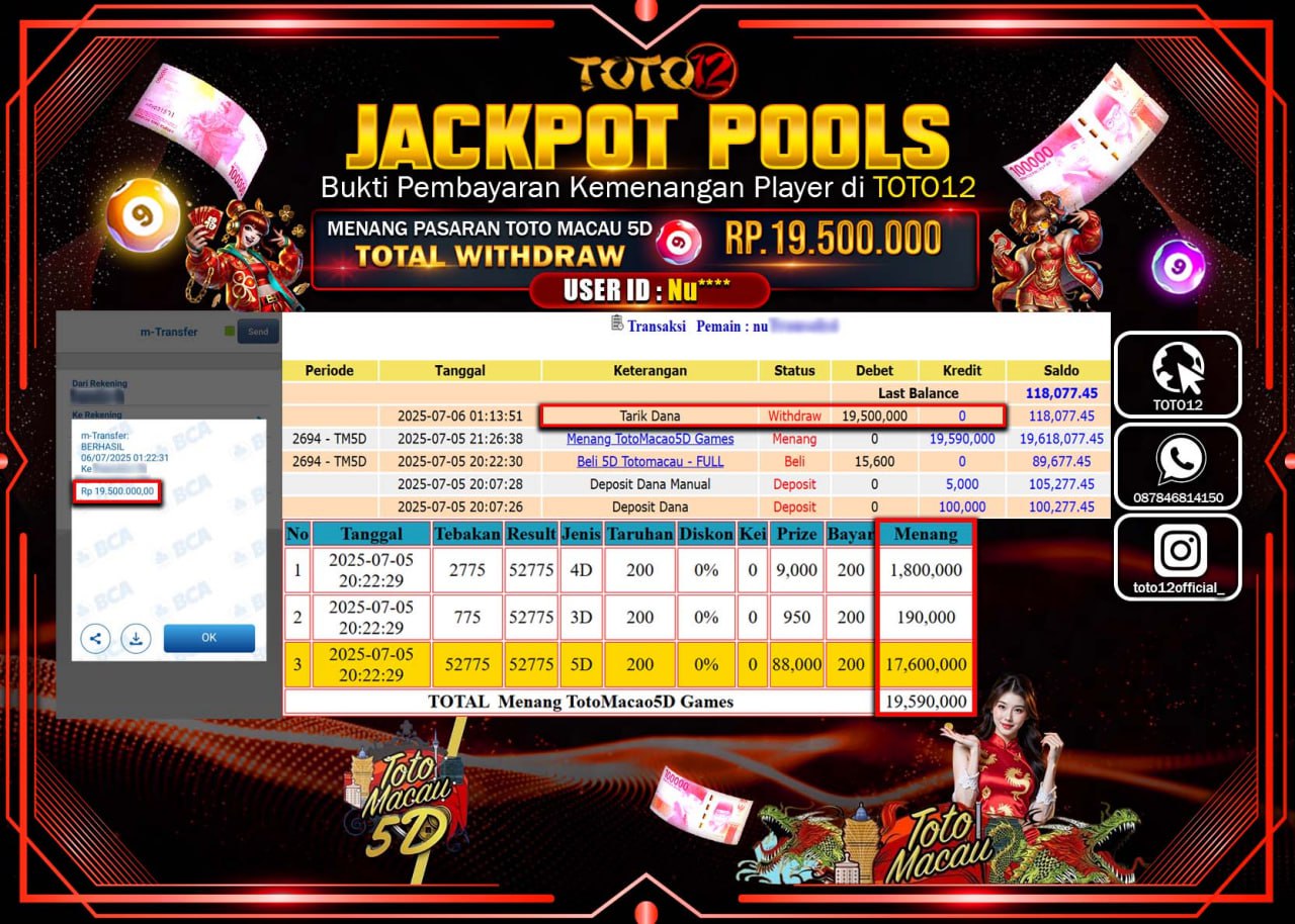 HANYA DI TOTO12 JP PASTI DI BAYAR LUNAS DAN CEPAT!!!!!! JACKPOT POOLS PASARAN (MACAU5D) Rp.19.500.000 !!!!