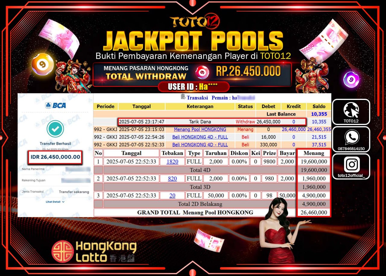 HANYA DI TOTO12 JP PASTI DI BAYAR LUNAS DAN CEPAT!!!!!! JACKPOT POOLS PASARAN (HONGKONG) Rp.26.450.000 !!!!