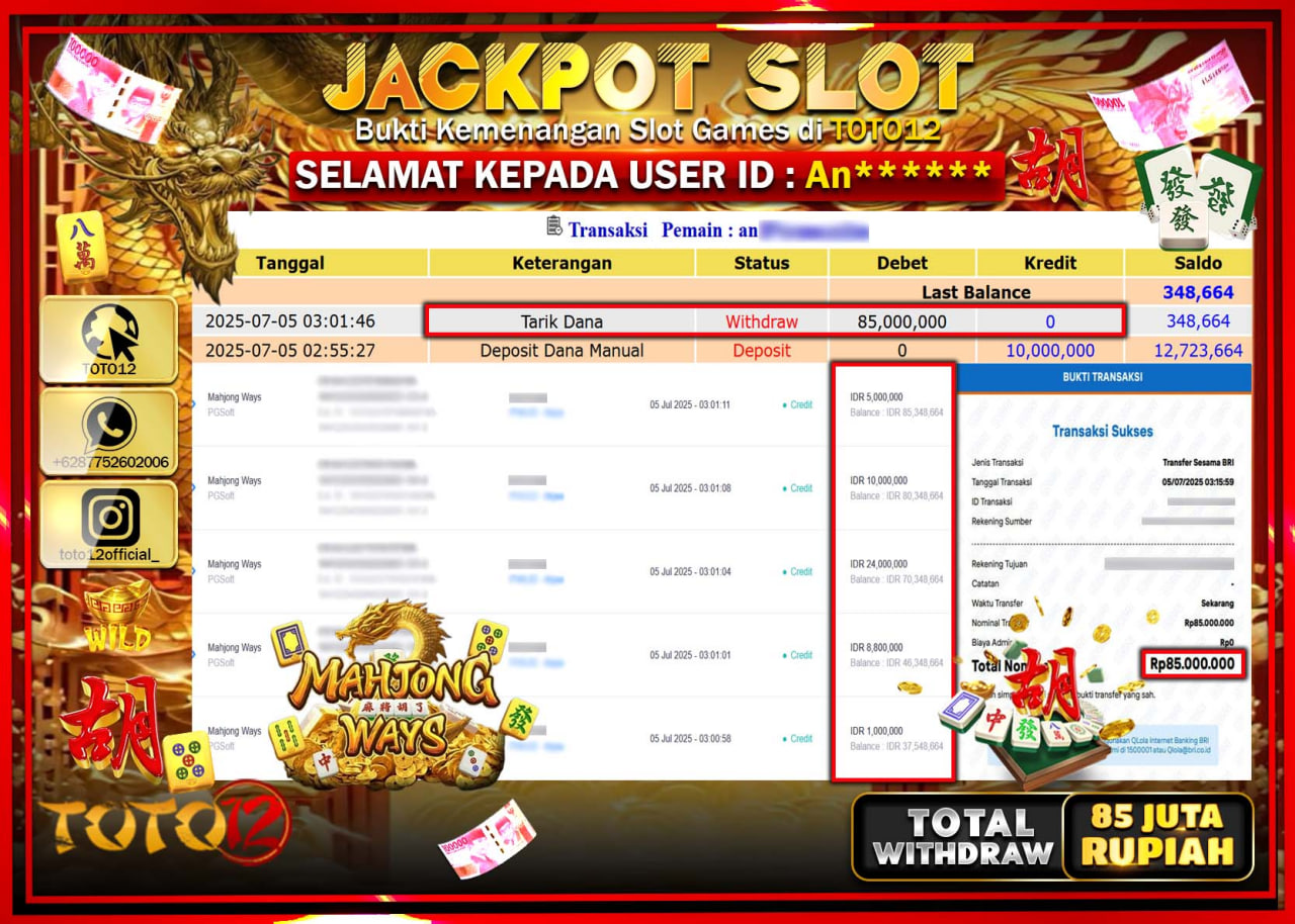 HANYA DI TOTO12 JP PASTI DI BAYAR LUNAS DAN CEPAT!!!!!! JACKPOT SLOT GAME (MAHJONG WAYS) Rp.85.000.000 !!!!