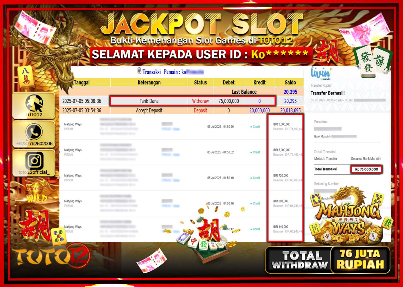 HANYA DI TOTO12 JP PASTI DI BAYAR LUNAS DAN CEPAT!!!!!! JACKPOT SLOT GAME (MAHJONG WAYS) Rp.76.000.000 !!!!