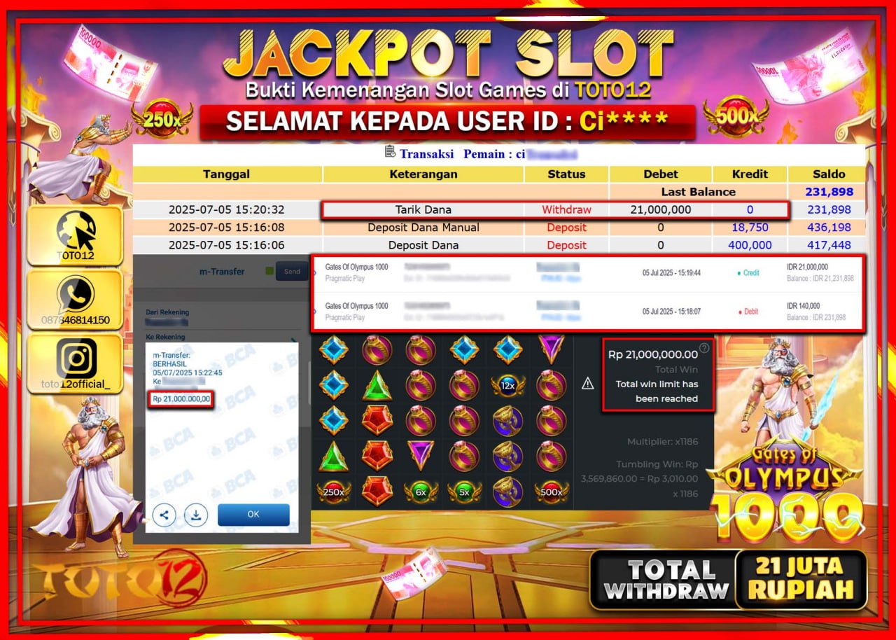 HANYA DI TOTO12 JP PASTI DI BAYAR LUNAS DAN CEPAT!!!!!! JACKPOT SLOT GAME (GATES OF OLYMPUS 1000) Rp.21.000.000 !!!!