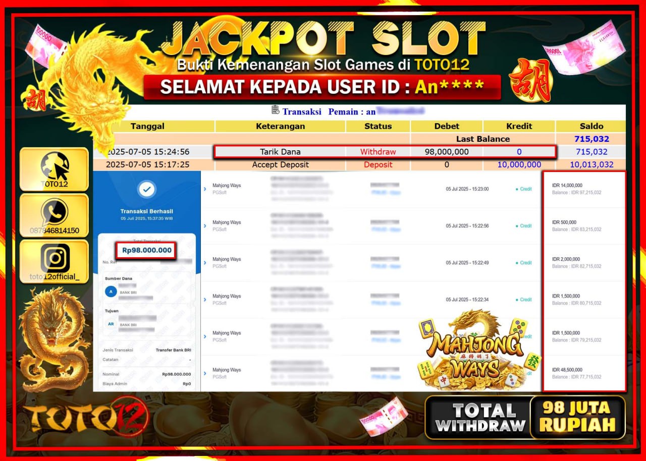 HANYA DI TOTO12 JP PASTI DI BAYAR LUNAS DAN CEPAT!!!!!! JACKPOT SLOT GAME (MAHJONG WAYS) Rp.98.000.000 !!!!
