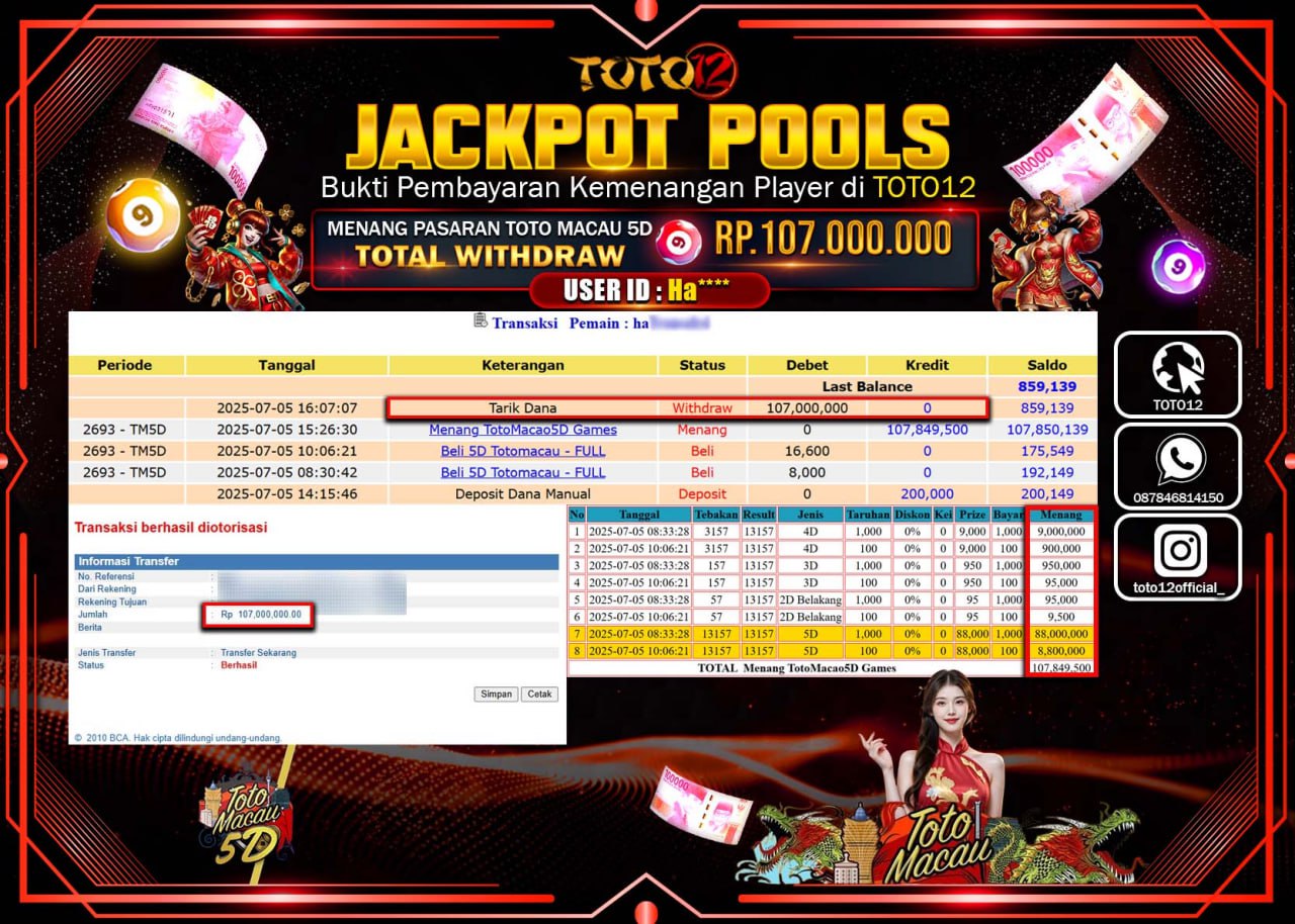 HANYA DI TOTO12 JP PASTI DI BAYAR LUNAS DAN CEPAT!!!!!! JACKPOT POOLS PASARAN (MACAU5D) Rp.107.000.000 !!!!