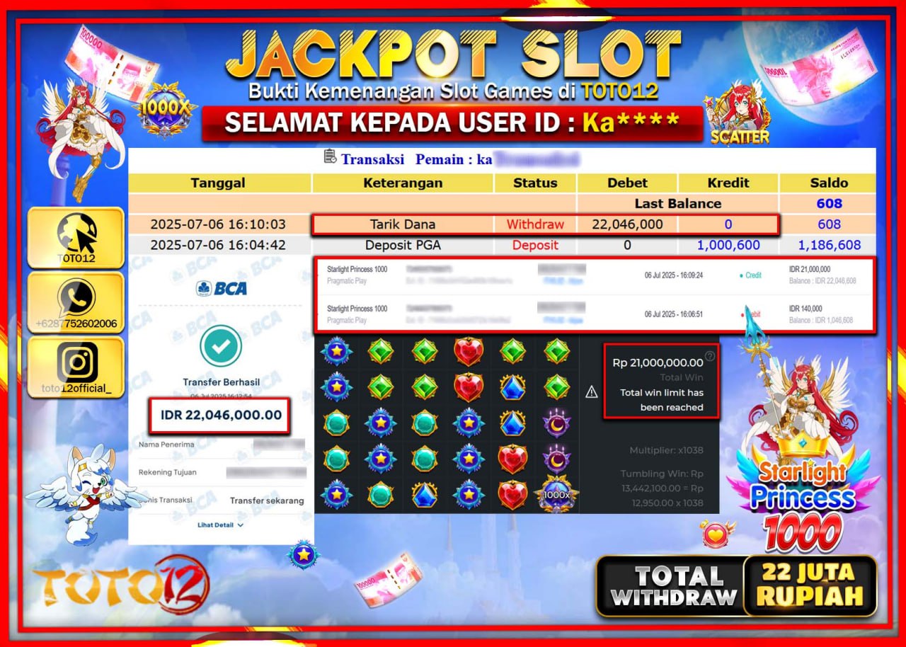 HANYA DI TOTO12 JP PASTI DI BAYAR LUNAS DAN CEPAT!!!!!! JACKPOT SLOT GAME (STARLIGHT PRINCESS 1000) Rp.21.000.000 !!!!