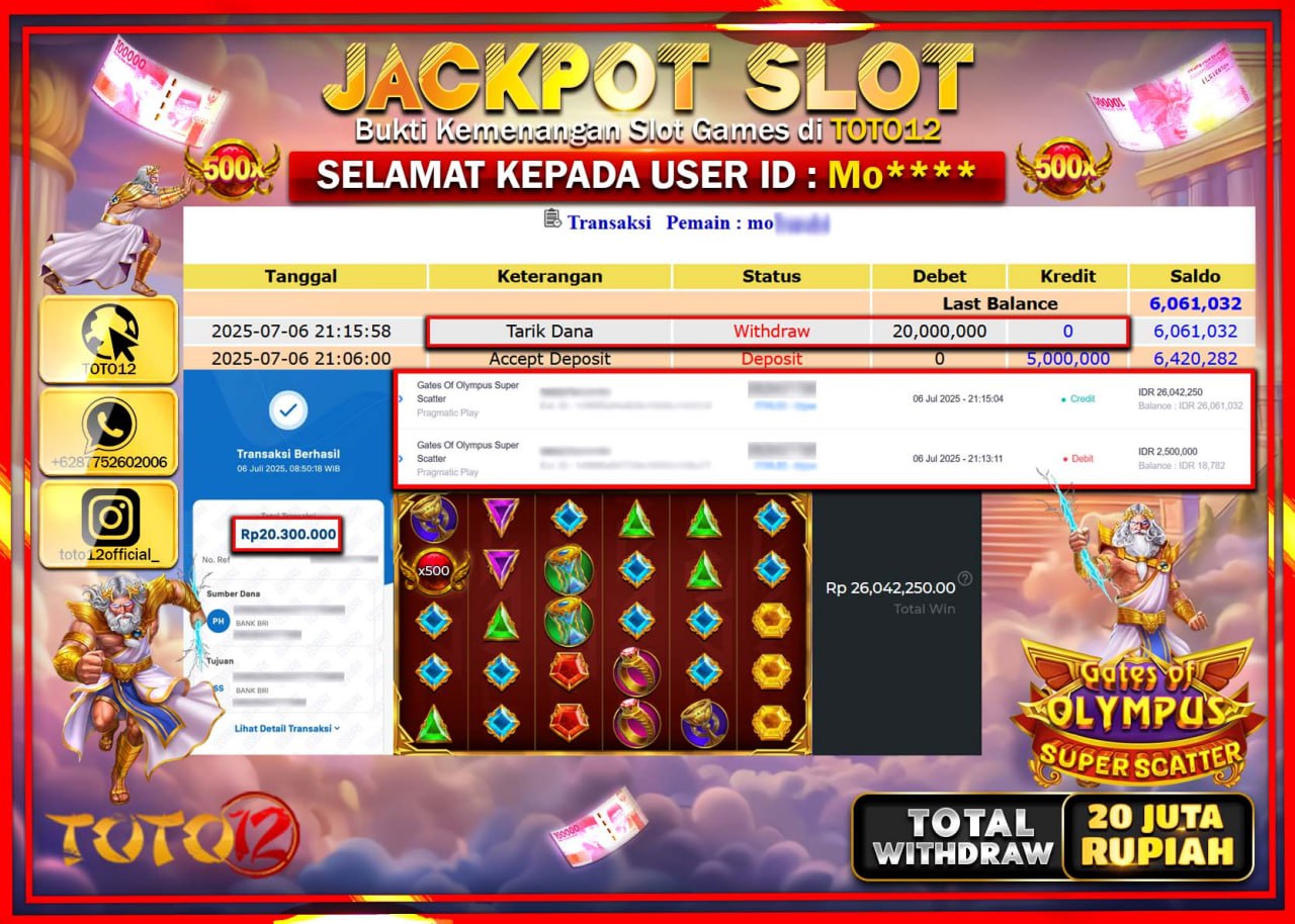 HANYA DI TOTO12 JP PASTI DI BAYAR LUNAS DAN CEPAT!!!!!! JACKPOT SLOT GAME (GATES OF OLYMPUS SUPER SCATTER) Rp.20.000.000 !!!!