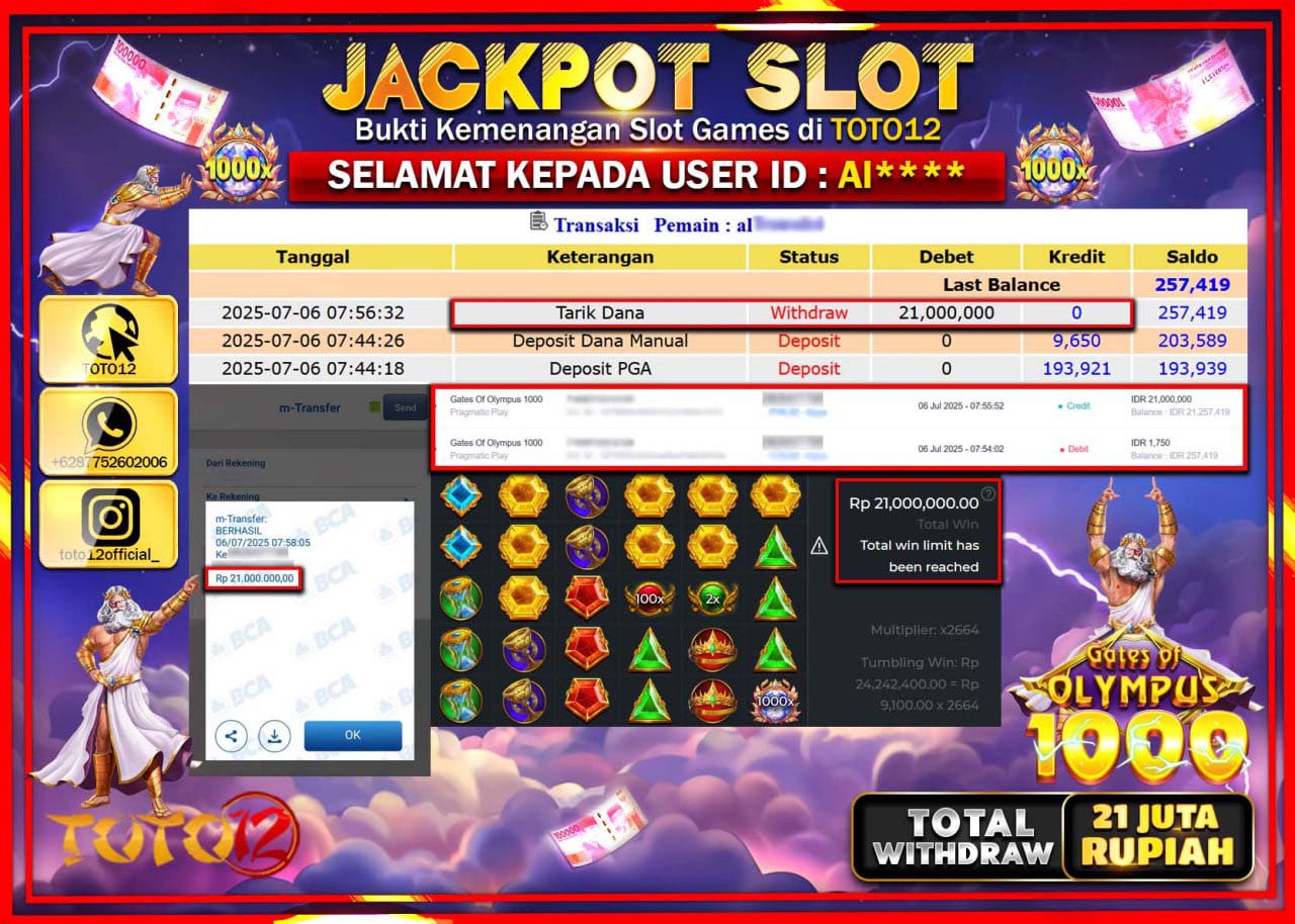 HANYA DI TOTO12 JP PASTI DI BAYAR LUNAS DAN CEPAT!!!!!! JACKPOT SLOT GAME (GATES OF OLYMPUS 1000) Rp.21.000.000 !!!!