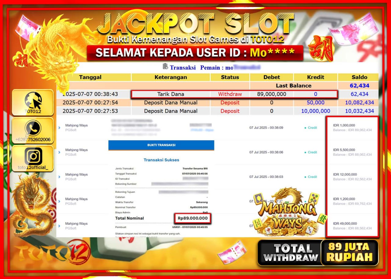 HANYA DI TOTO12 JP PASTI DI BAYAR LUNAS DAN CEPAT!!!!!! JACKPOT SLOT GAME (MAHJONG WAYS) Rp.89.000.000 !!!!