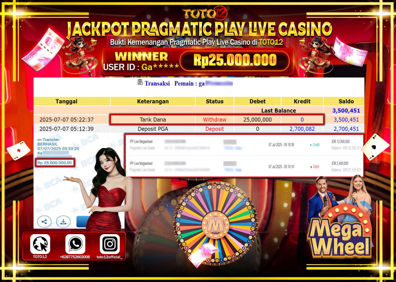 HANYA DI TOTO12 JP PASTI DI BAYAR LUNAS DAN CEPAT!!!!!! JACKPOT PRAGMATIC PLAY LIVE CASINO (MEGA WHEEL) Rp.25.000.000 !!!!