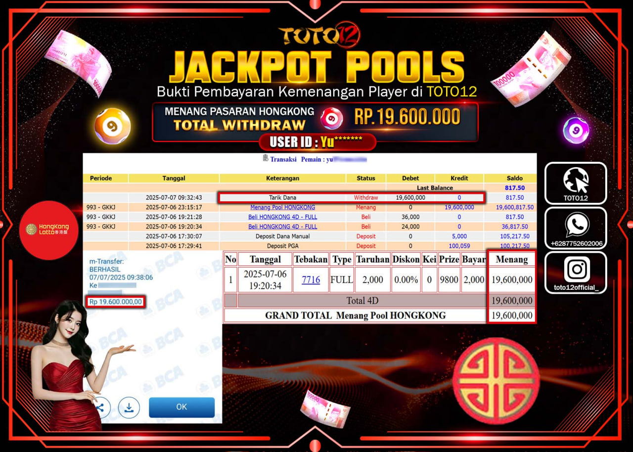 HANYA DI TOTO12 JP PASTI DI BAYAR LUNAS DAN CEPAT!!!!!! JACKPOT POOLS PASARAN (HONGKONG) Rp.19.600.000 !!!!