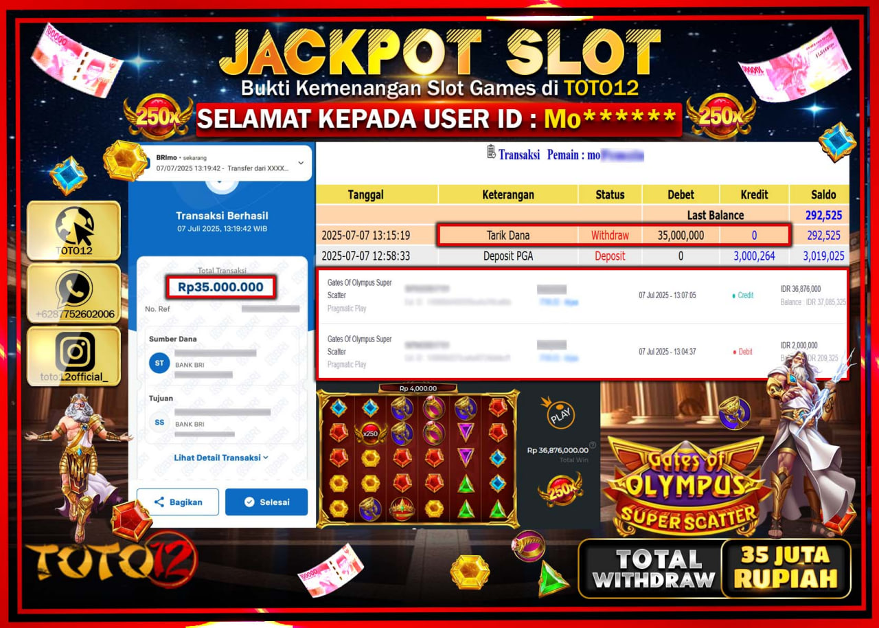 HANYA DI TOTO12 JP PASTI DI BAYAR LUNAS DAN CEPAT!!!!!! JACKPOT SLOT GAME (GATES OF OLYMPUS SUPER SCATTER) Rp.35.000.000 !!!!