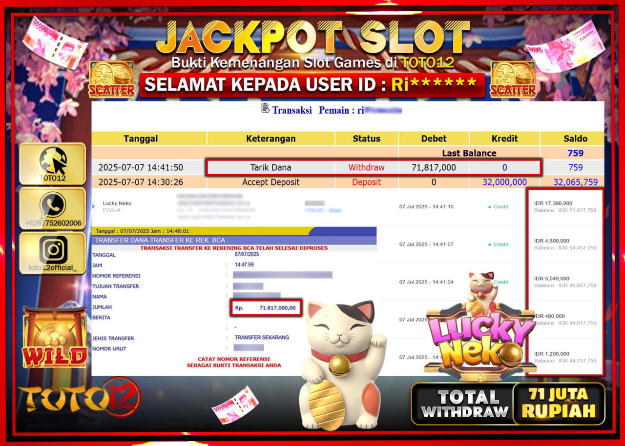 HANYA DI TOTO12 JP PASTI DI BAYAR LUNAS DAN CEPAT!!!!!! JACKPOT SLOT GAME (LUCKY NEKO) Rp.71.000.000 !!!!