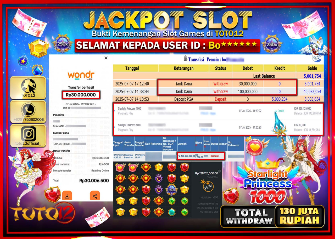 HANYA DI TOTO12 JP PASTI DI BAYAR LUNAS DAN CEPAT!!!!!! JACKPOT SLOT GAME (STARLIGHT PRINCESS 1000) Rp.130.000.000 !!!!