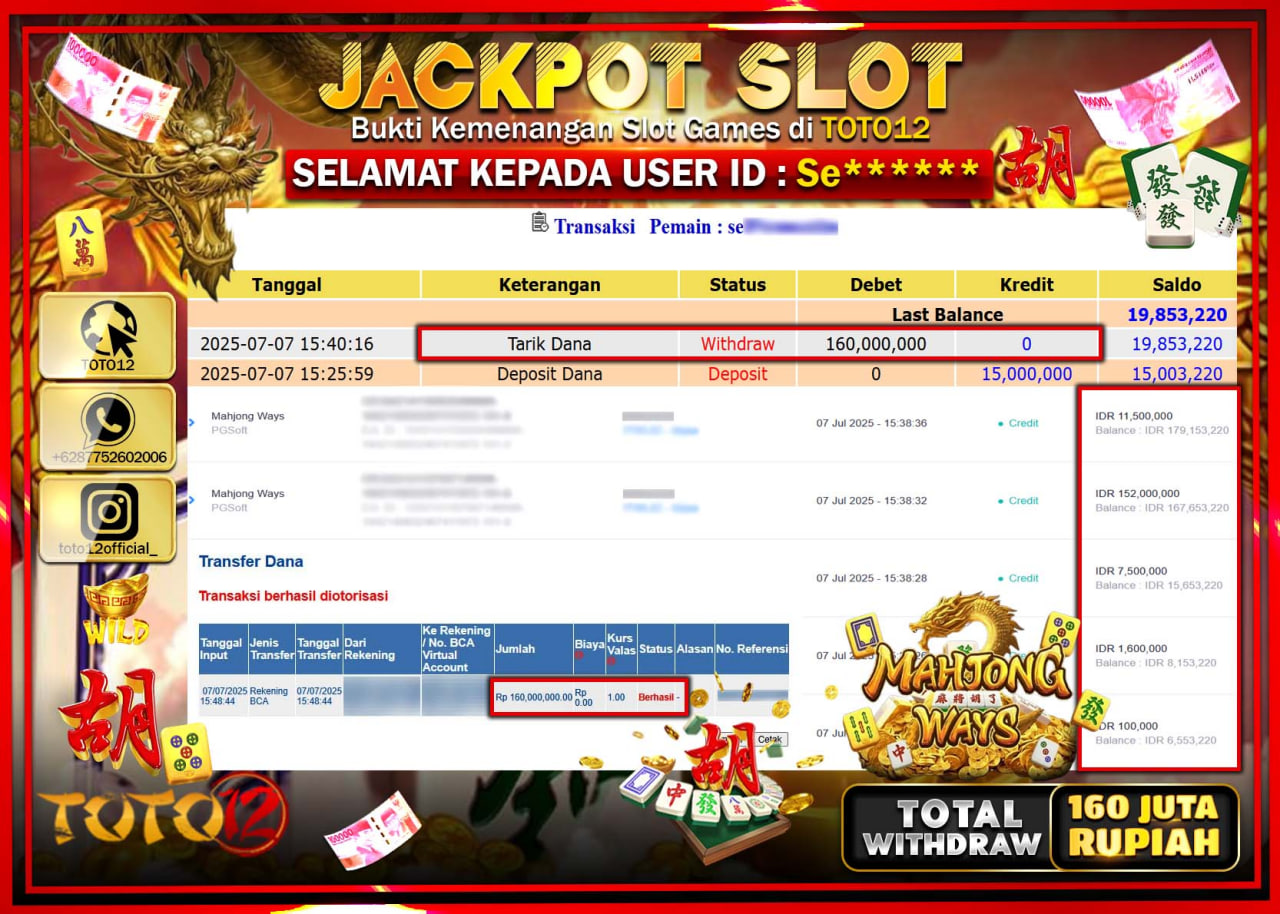 HANYA DI TOTO12 JP PASTI DI BAYAR LUNAS DAN CEPAT!!!!!! JACKPOT SLOT GAME (MAHJONG WAYS) Rp.160.000.000 !!!!