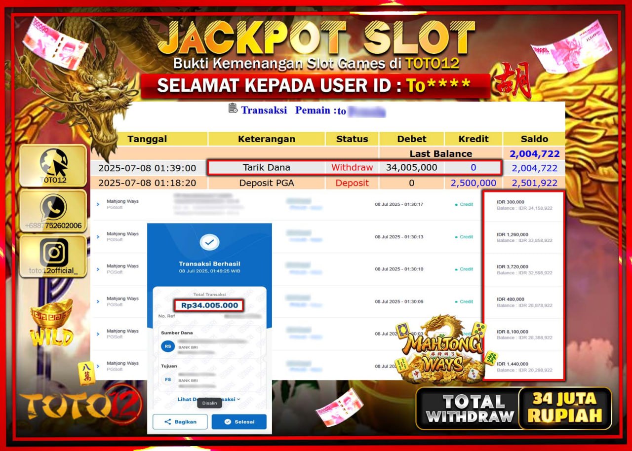 HANYA DI TOTO12 JP PASTI DI BAYAR LUNAS DAN CEPAT!!!!!! JACKPOT SLOT GAME (MAHJONG WAYS) Rp.34.000.000 !!!!