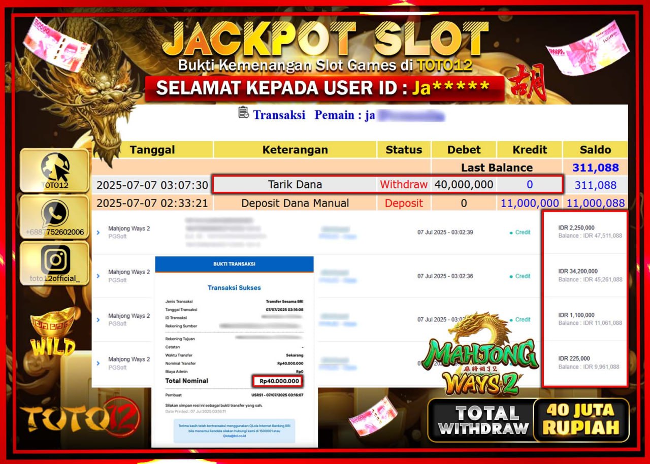 HANYA DI TOTO12 JP PASTI DI BAYAR LUNAS DAN CEPAT!!!!!! JACKPOT SLOT GAME (MAHJONG WAYS 2) Rp.40.000.000 !!!!