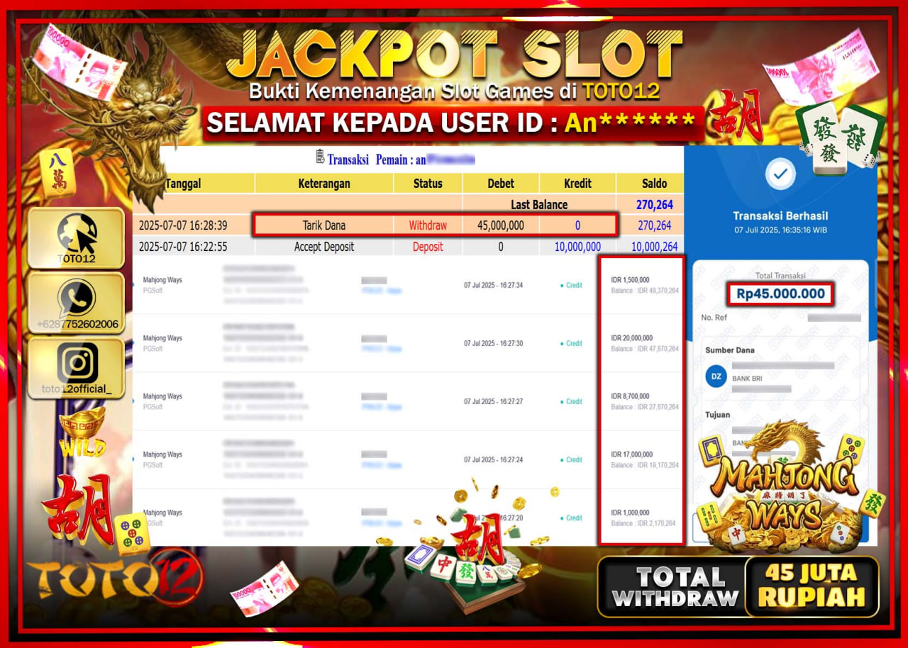 HANYA DI TOTO12 JP PASTI DI BAYAR LUNAS DAN CEPAT!!!!!! JACKPOT SLOT GAME (MAHJONG WAYS) Rp.45.000.000 !!!!