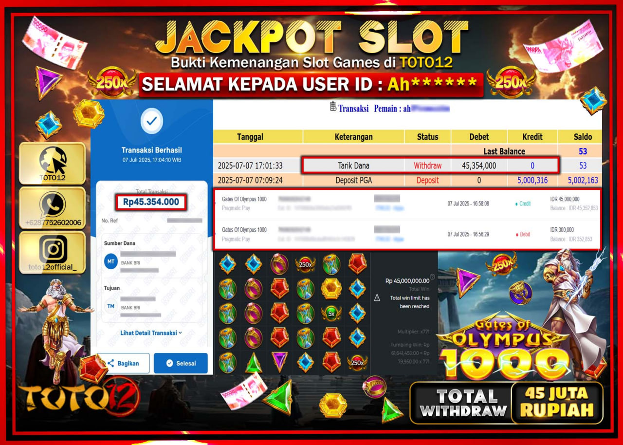 HANYA DI TOTO12 JP PASTI DI BAYAR LUNAS DAN CEPAT!!!!!! JACKPOT SLOT GAME (GATES OF OLYMPUS 1000) Rp.45.000.000 !!!!