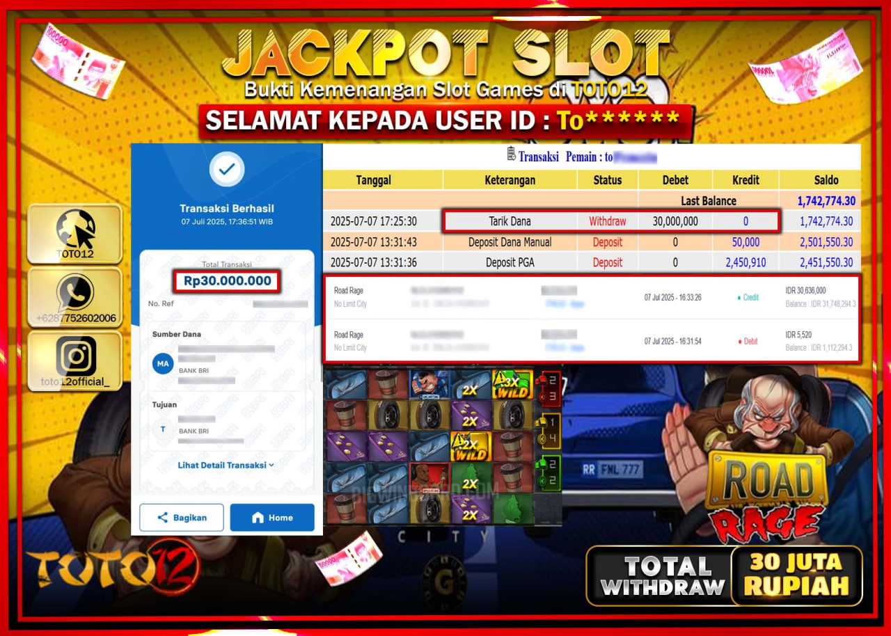 HANYA DI TOTO12 JP PASTI DI BAYAR LUNAS DAN CEPAT!!!!!! JACKPOT SLOT GAME (ROAD RAGE) Rp.30.000.000 !!!!