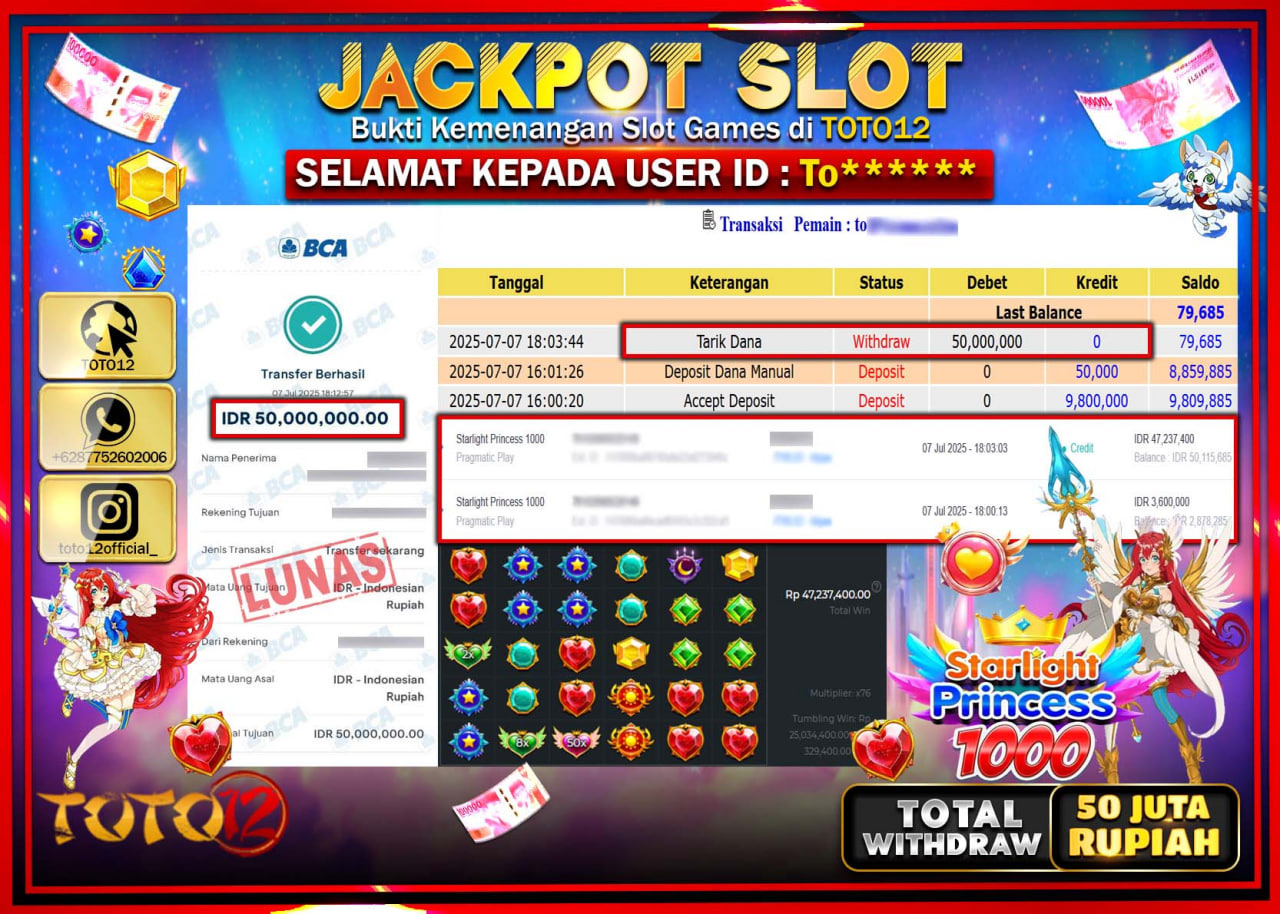 HANYA DI TOTO12 JP PASTI DI BAYAR LUNAS DAN CEPAT!!!!!! JACKPOT SLOT GAME (STARLIGHT PRINCESS 1000) Rp.50.000.000 !!!!