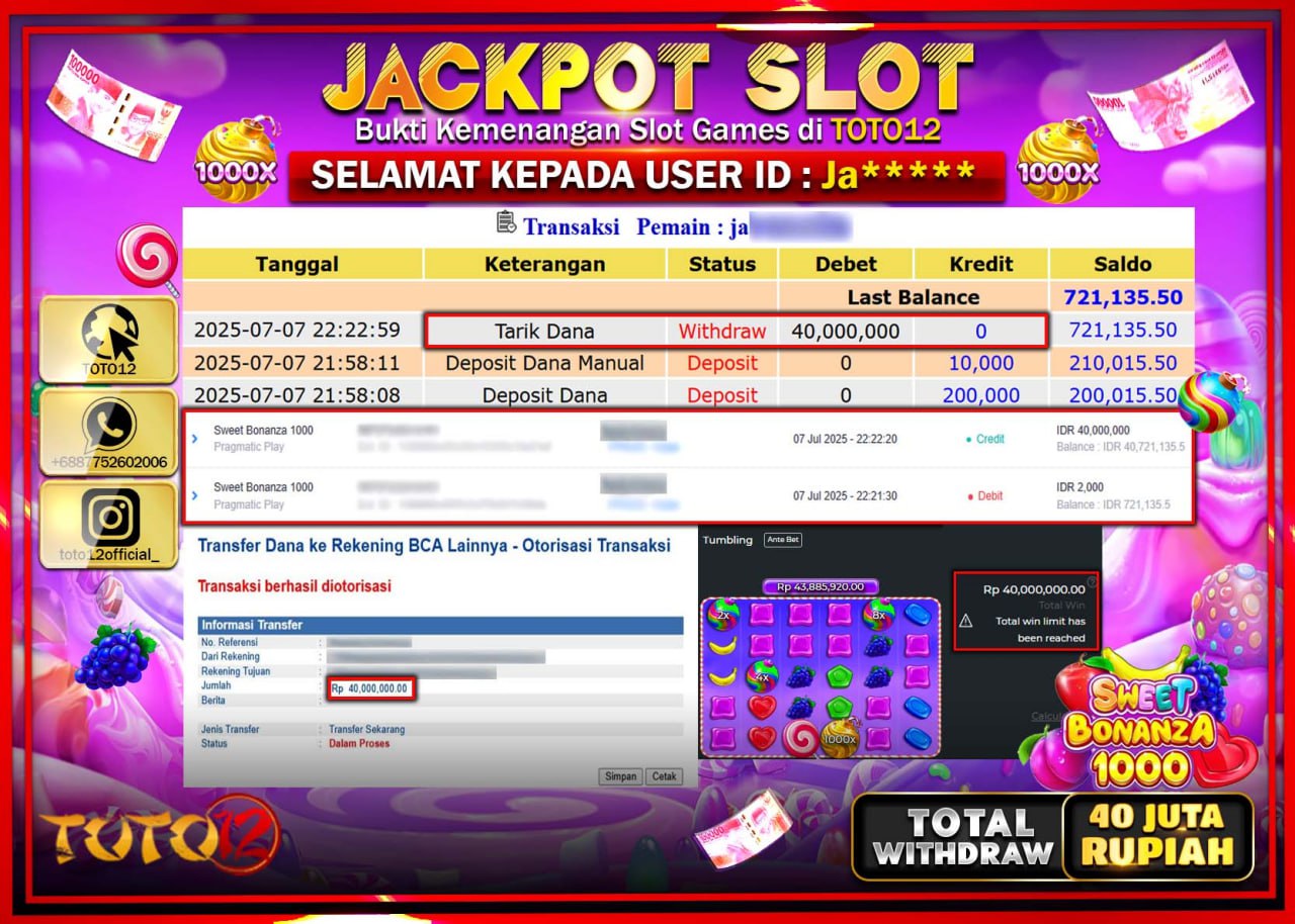 HANYA DI TOTO12 JP PASTI DI BAYAR LUNAS DAN CEPAT!!!!!! JACKPOT SLOT GAME (SWEET BONANZA 1000) Rp.40.000.000 !!!!