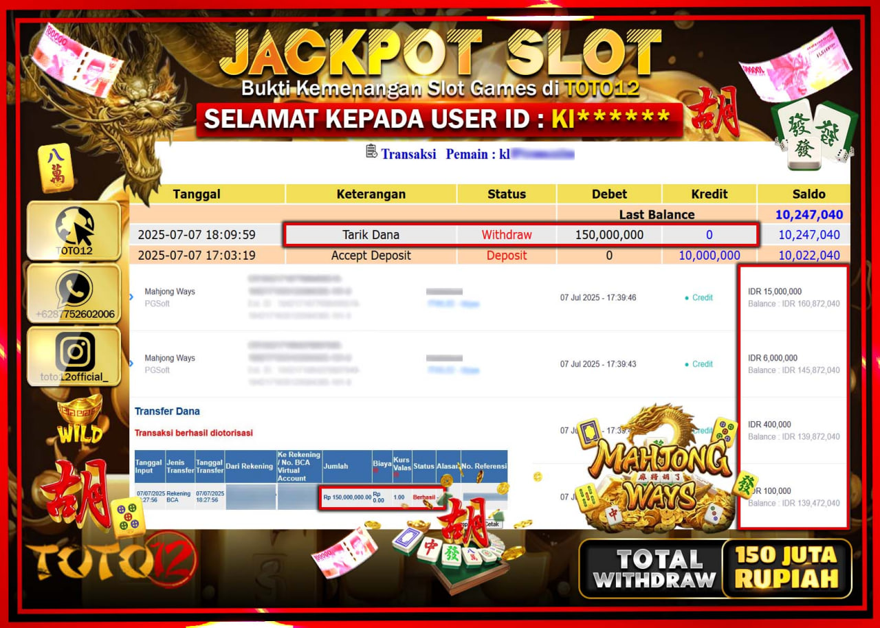 HANYA DI TOTO12 JP PASTI DI BAYAR LUNAS DAN CEPAT!!!!!! JACKPOT SLOT GAME (MAHJONG WAYS) Rp.150.000.000 !!!!