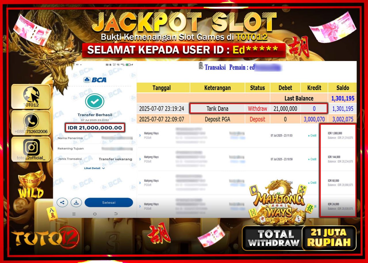 HANYA DI TOTO12 JP PASTI DI BAYAR LUNAS DAN CEPAT!!!!!! JACKPOT SLOT GAME (MAHJONG WAYS) Rp.21.000.000 !!!!