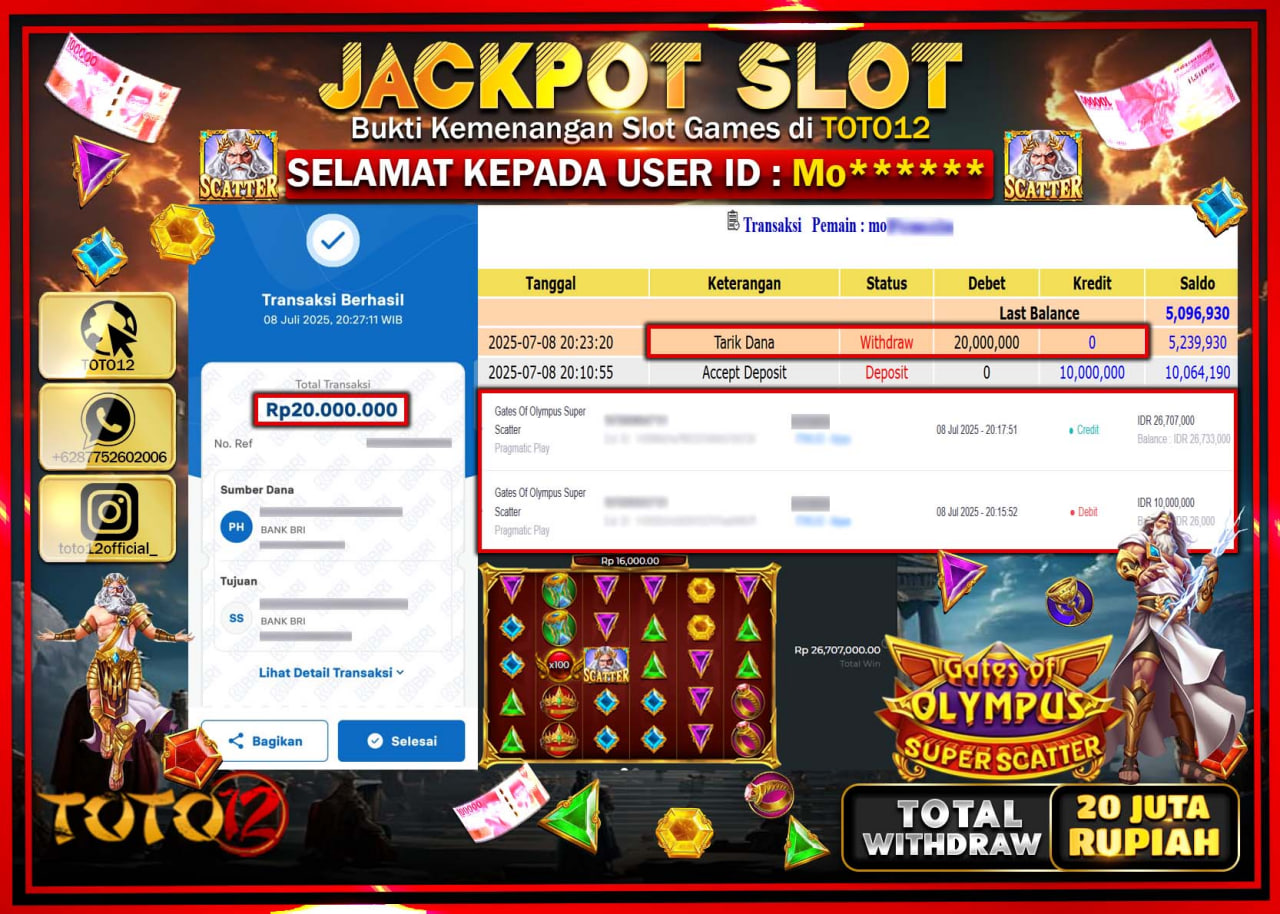 HANYA DI TOTO12 JP PASTI DI BAYAR LUNAS DAN CEPAT!!!!!! JACKPOT SLOT GAME (GATES OF OLYMPUS SUPER SCATTER) Rp.20.000.000 !!!!