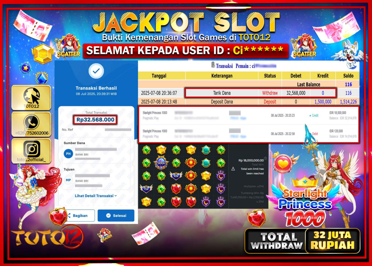 HANYA DI TOTO12 JP PASTI DI BAYAR LUNAS DAN CEPAT!!!!!! JACKPOT SLOT GAME (STARLIGHT PRINCESS 1000) Rp.32.000.000 !!!!