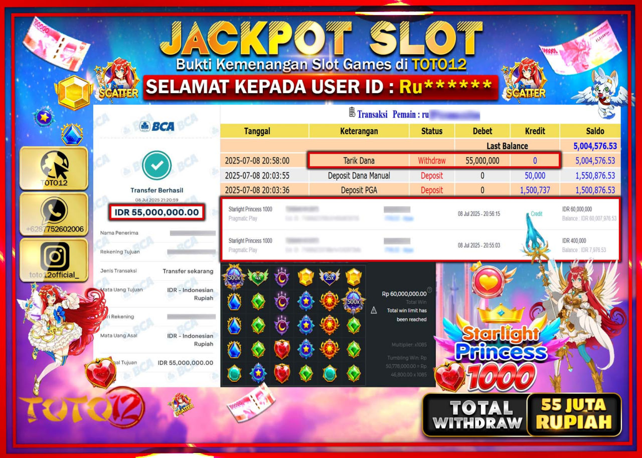 HANYA DI TOTO12 JP PASTI DI BAYAR LUNAS DAN CEPAT!!!!!! JACKPOT SLOT GAME (STARLIGHT PRINCESS 1000) Rp.55.000.000 !!!!