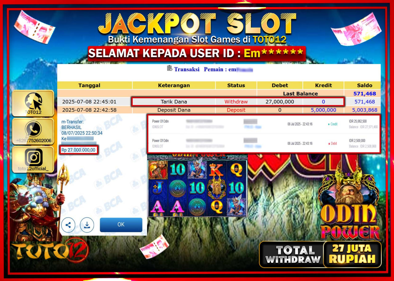 HANYA DI TOTO12 JP PASTI DI BAYAR LUNAS DAN CEPAT!!!!!! JACKPOT SLOT GAME (ODIN OF POWER) Rp.27.000.000 !!!!