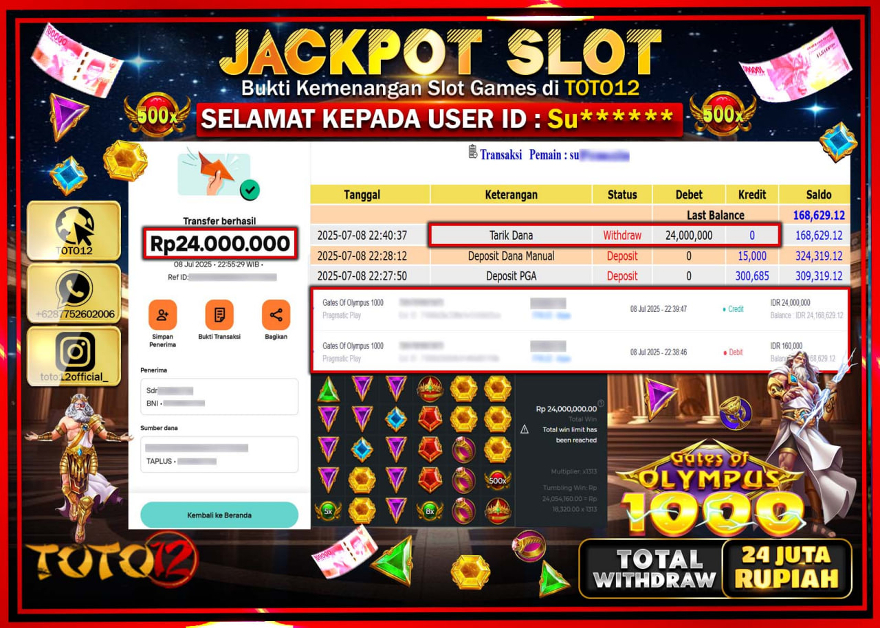 HANYA DI TOTO12 JP PASTI DI BAYAR LUNAS DAN CEPAT!!!!!! JACKPOT SLOT GAME (GATES OF OLYMPUS 1000) Rp.24.000.000 !!!!