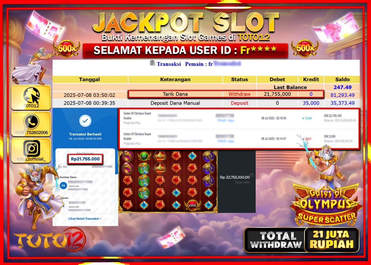 HANYA DI TOTO12 JP PASTI DI BAYAR LUNAS DAN CEPAT!!!!!! JACKPOT SLOT GAME (GATES OF OLYMPUS SUPER SCATTER) Rp.21.000.000 !!!!