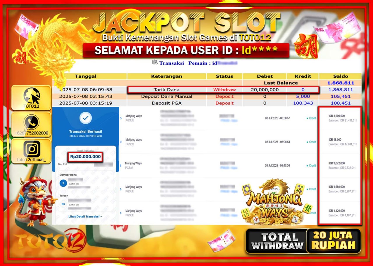 HANYA DI TOTO12 JP PASTI DI BAYAR LUNAS DAN CEPAT!!!!!! JACKPOT SLOT GAME (MAHJONG WAYS) Rp.20.000.000 !!!!