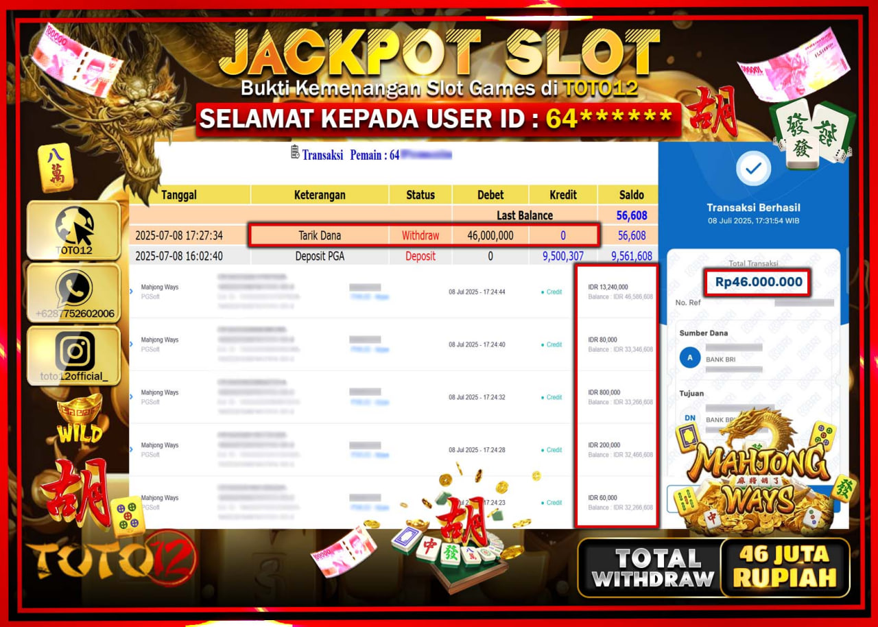 HANYA DI TOTO12 JP PASTI DI BAYAR LUNAS DAN CEPAT!!!!!! JACKPOT SLOT GAME (MAHJONG WAYS) Rp.46.000.000 !!!!