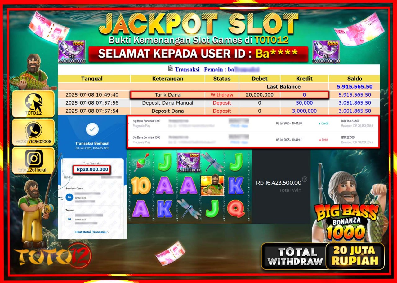 HANYA DI TOTO12 JP PASTI DI BAYAR LUNAS DAN CEPAT!!!!!! JACKPOT SLOT GAME (BIG BASS BONANZA 1000) Rp.20.000.000 !!!!
