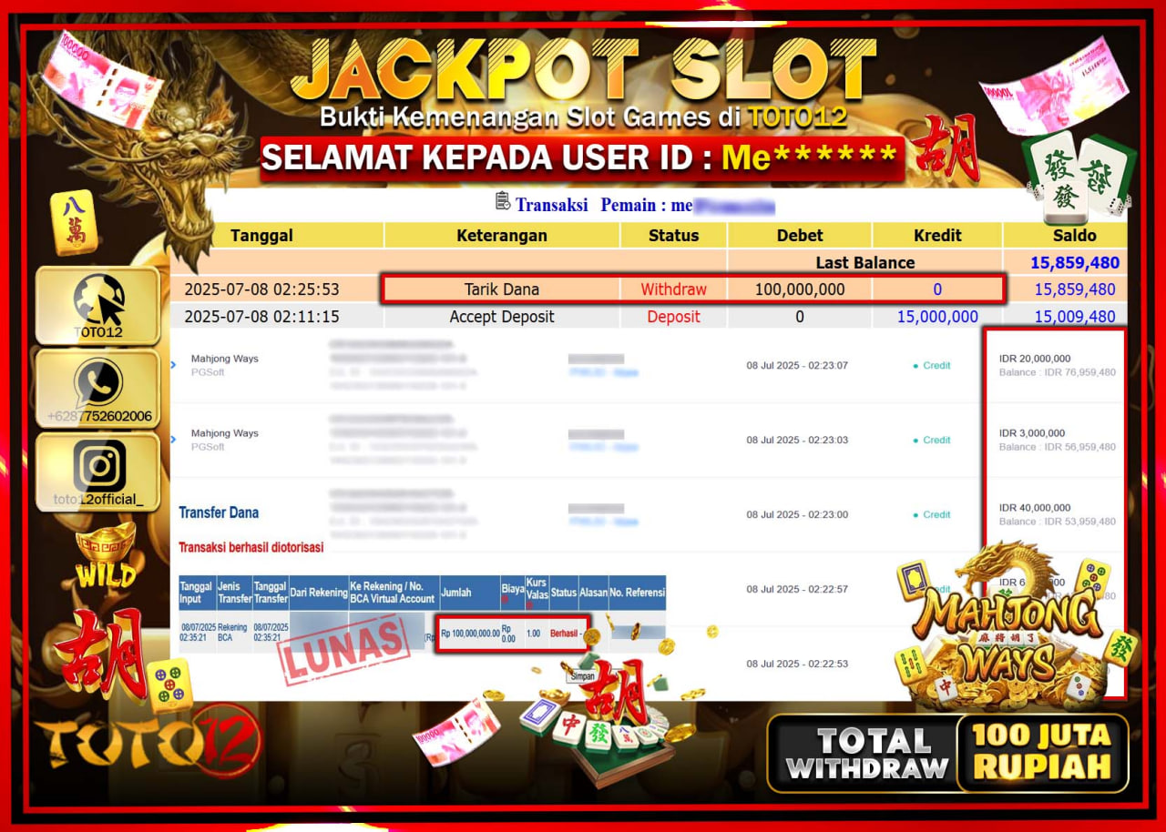 HANYA DI TOTO12 JP PASTI DI BAYAR LUNAS DAN CEPAT!!!!!! JACKPOT SLOT GAME (MAHJONG WAYS) Rp.100.000.000 !!!!