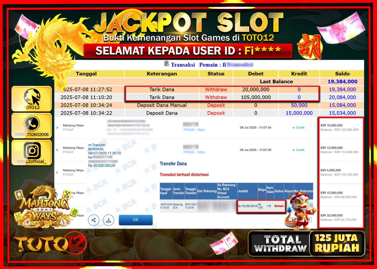 HANYA DI TOTO12 JP PASTI DI BAYAR LUNAS DAN CEPAT!!!!!! JACKPOT SLOT GAME (MAHJONG WAYS) Rp.125.000.000 !!!!