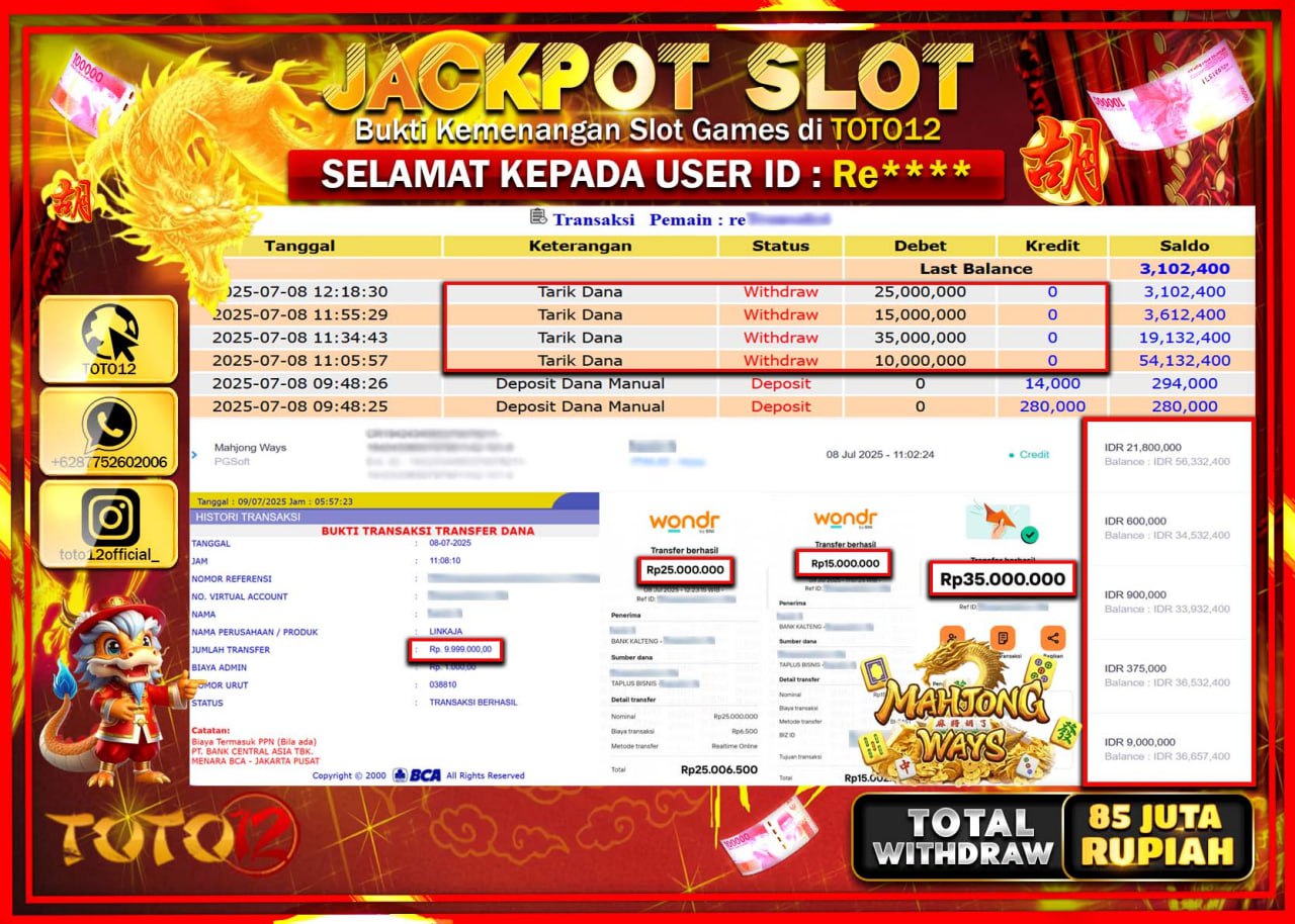 HANYA DI TOTO12 JP PASTI DI BAYAR LUNAS DAN CEPAT!!!!!! JACKPOT SLOT GAME (MAHJONG WAYS) Rp.85.000.000 !!!!