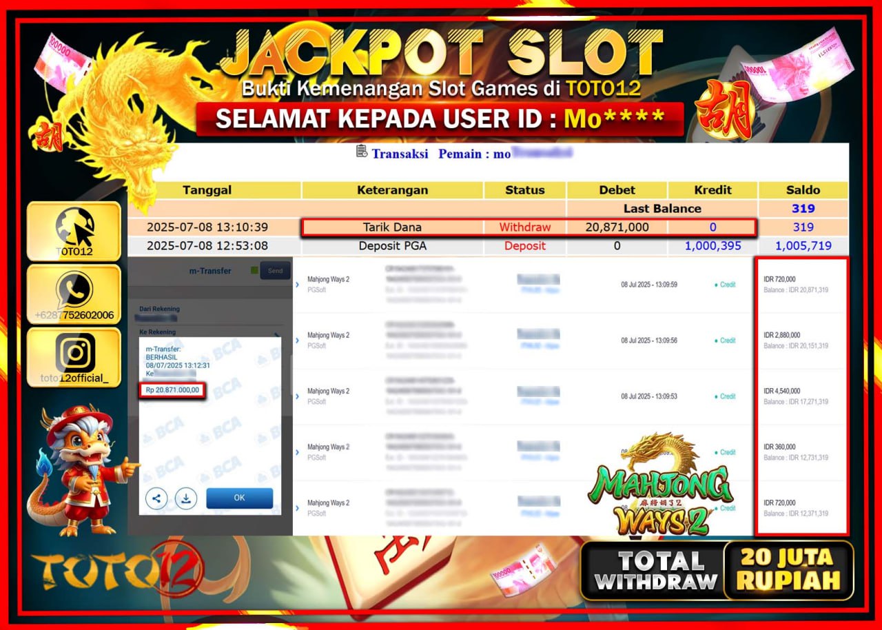 HANYA DI TOTO12 JP PASTI DI BAYAR LUNAS DAN CEPAT!!!!!! JACKPOT SLOT GAME (MAHJONG WAYS 2) Rp.20.000.000 !!!!