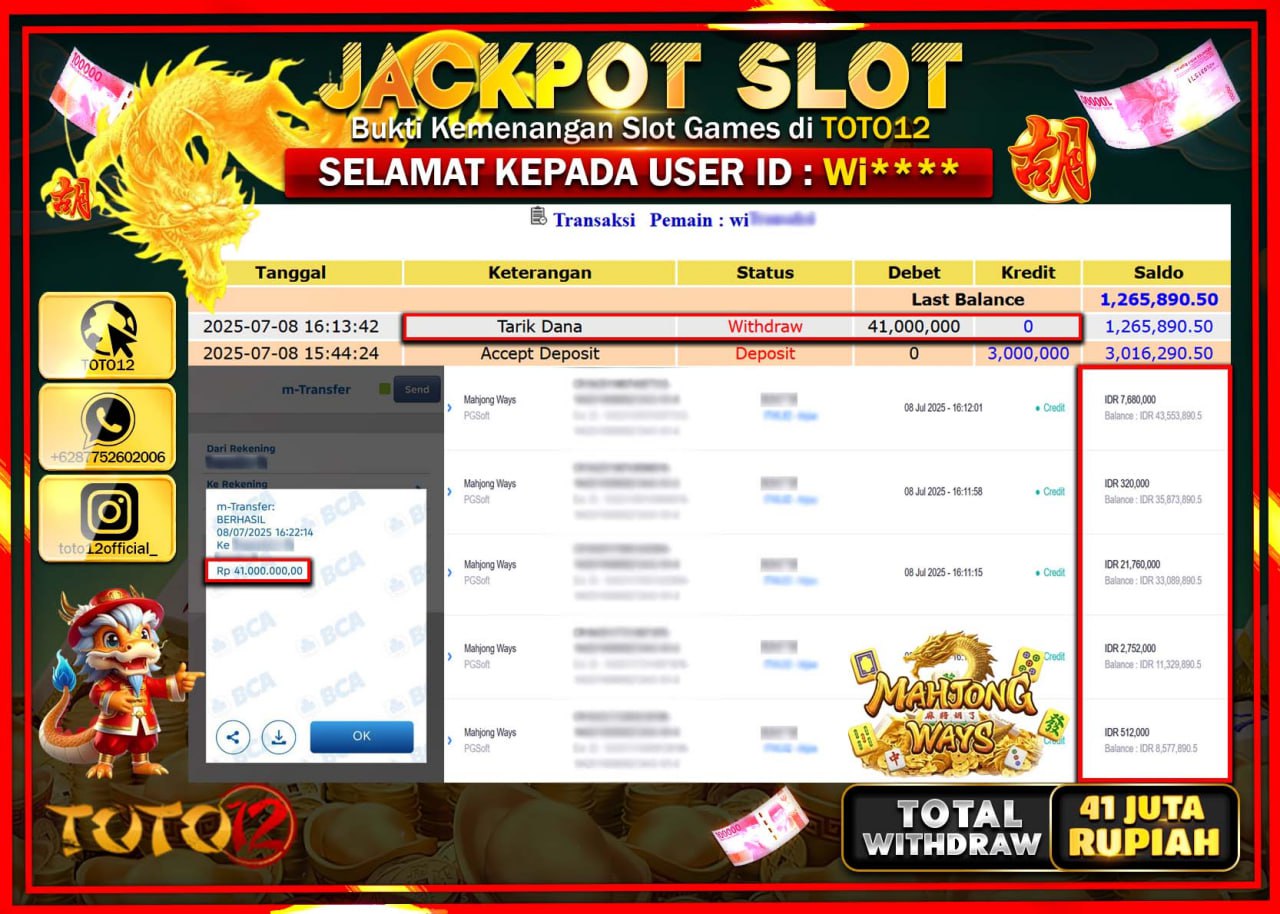 HANYA DI TOTO12 JP PASTI DI BAYAR LUNAS DAN CEPAT!!!!!! JACKPOT SLOT GAME (MAHJONG WAYS) Rp.41.000.000 !!!!