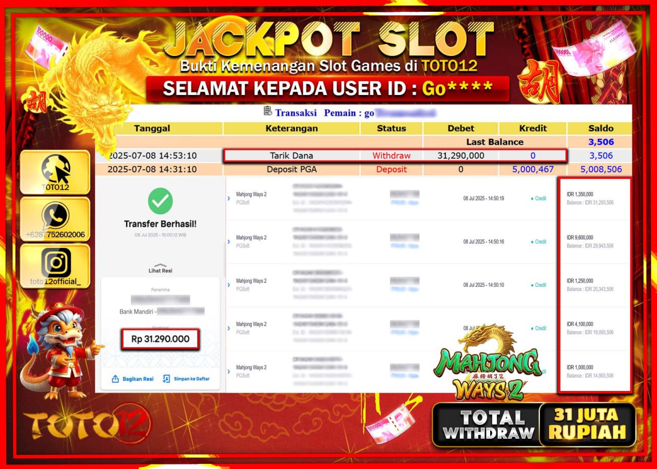 HANYA DI TOTO12 JP PASTI DI BAYAR LUNAS DAN CEPAT!!!!!! JACKPOT SLOT GAME (MAHJONG WAYS 2) Rp.31.000.000 !!!!