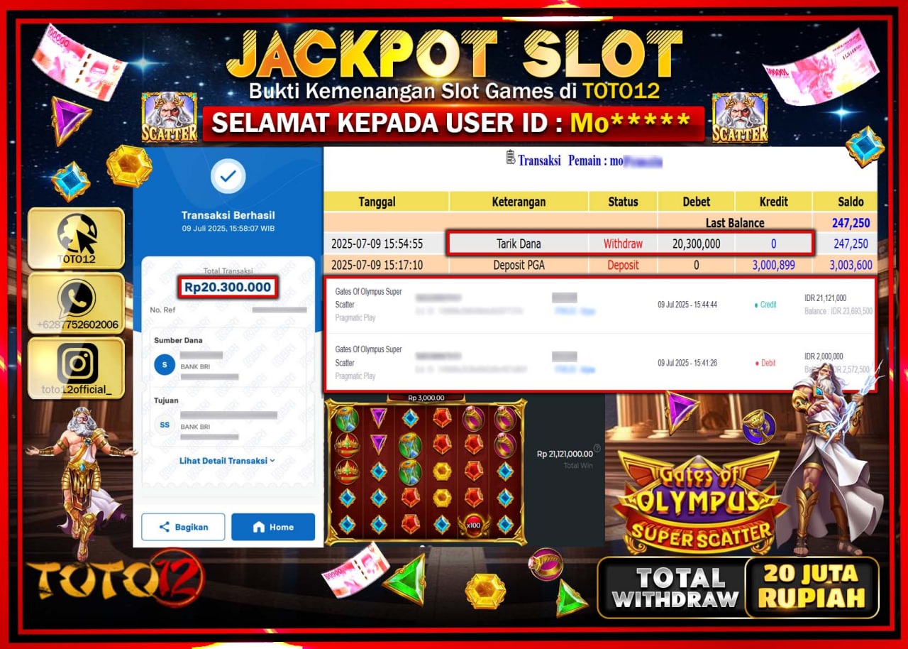 HANYA DI TOTO12 JP PASTI DI BAYAR LUNAS DAN CEPAT!!!!!! JACKPOT SLOT GAME (GATES OF OLYMPUS SUPER SCATTER) Rp.20.000.000 !!!!