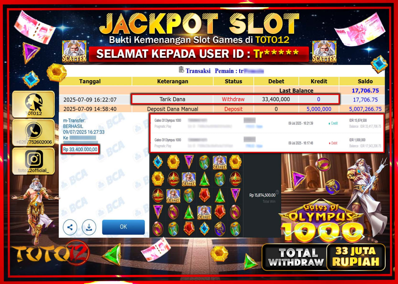 HANYA DI TOTO12 JP PASTI DI BAYAR LUNAS DAN CEPAT!!!!!! JACKPOT SLOT GAME (GATES OF OLYMPUS 1000) Rp.33.000.000 !!!!